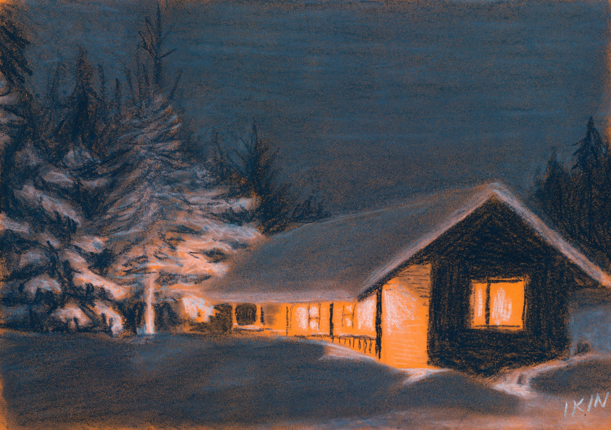 Drawing of a snowbound cabin at night