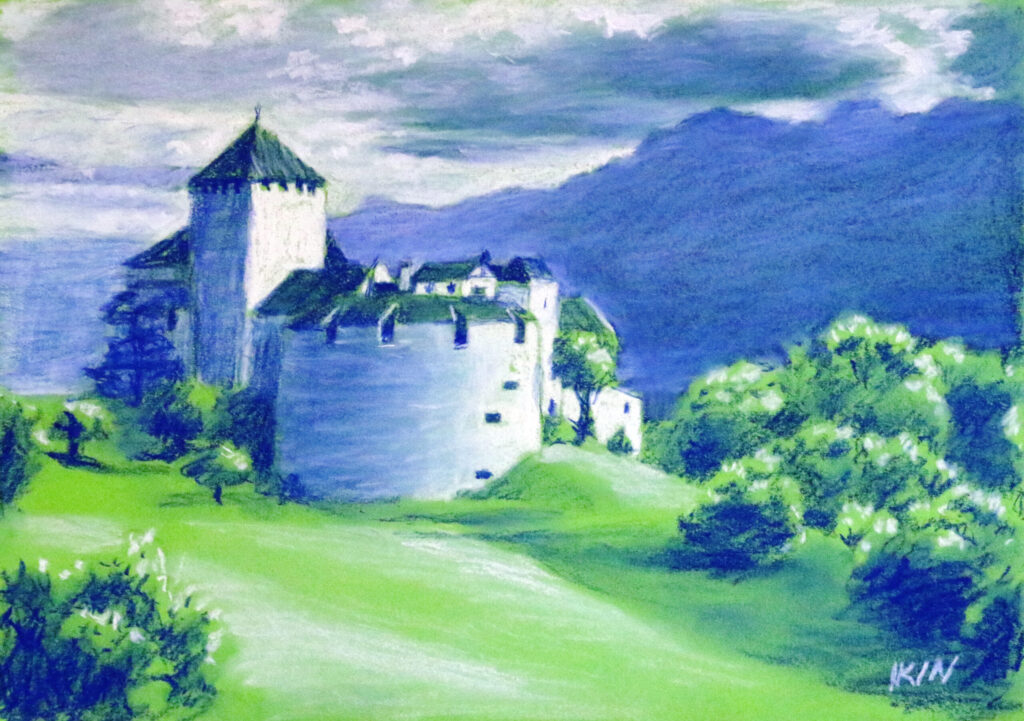 Drawing of a castle on green paper