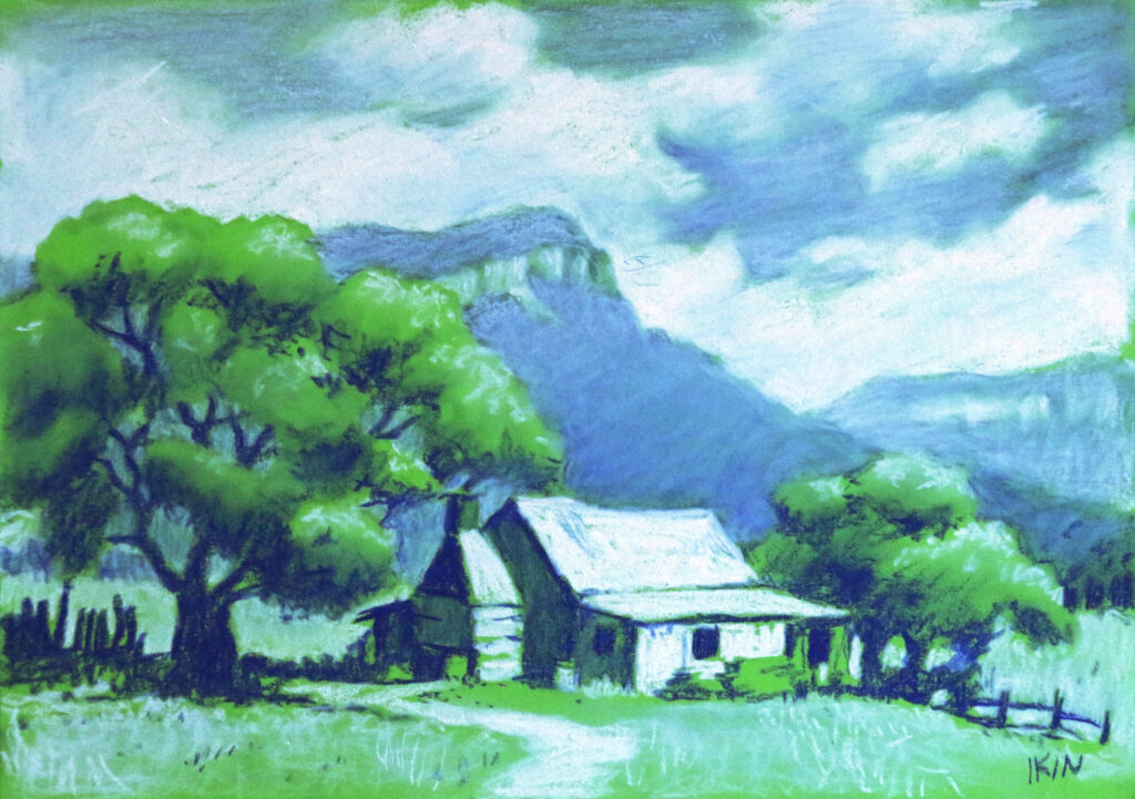 Drawing of a shack on green paper