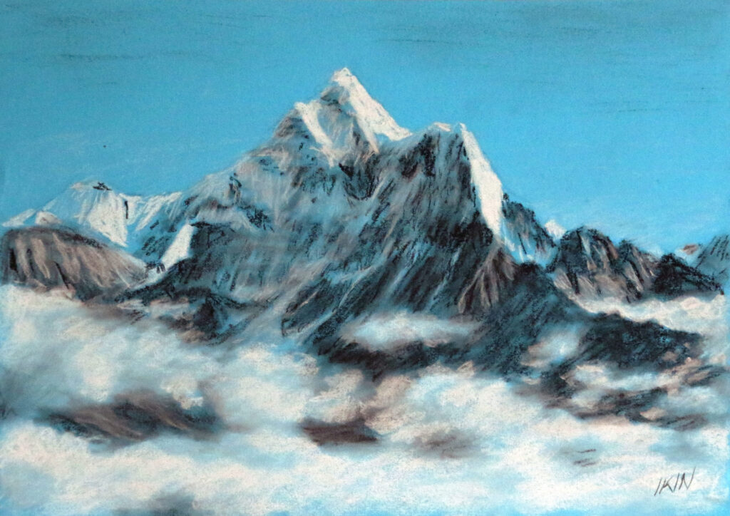 Drawing of Mount Everest on blue paper