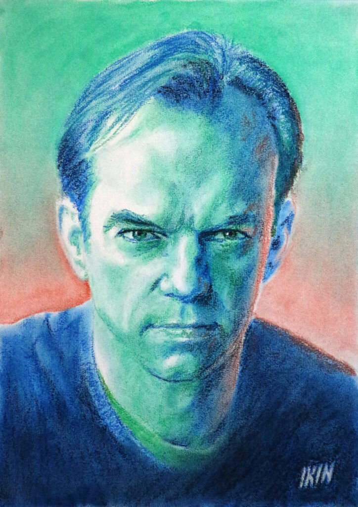 Scowling drawing of Hugo Weaving