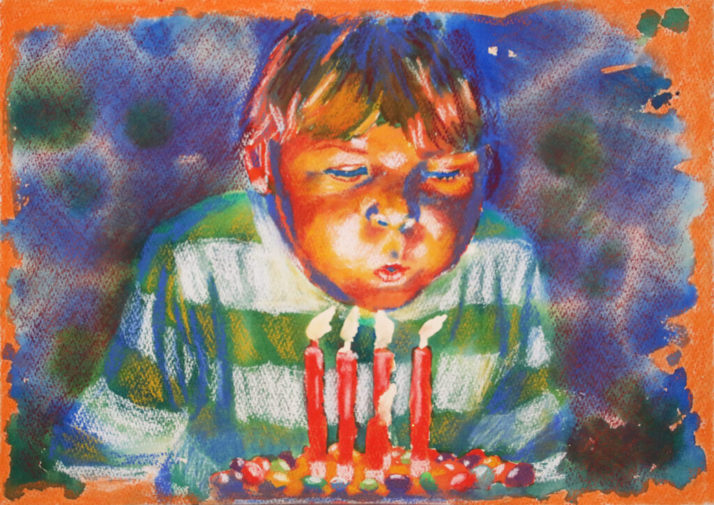 Drawing of a boy blowing out birthday candles