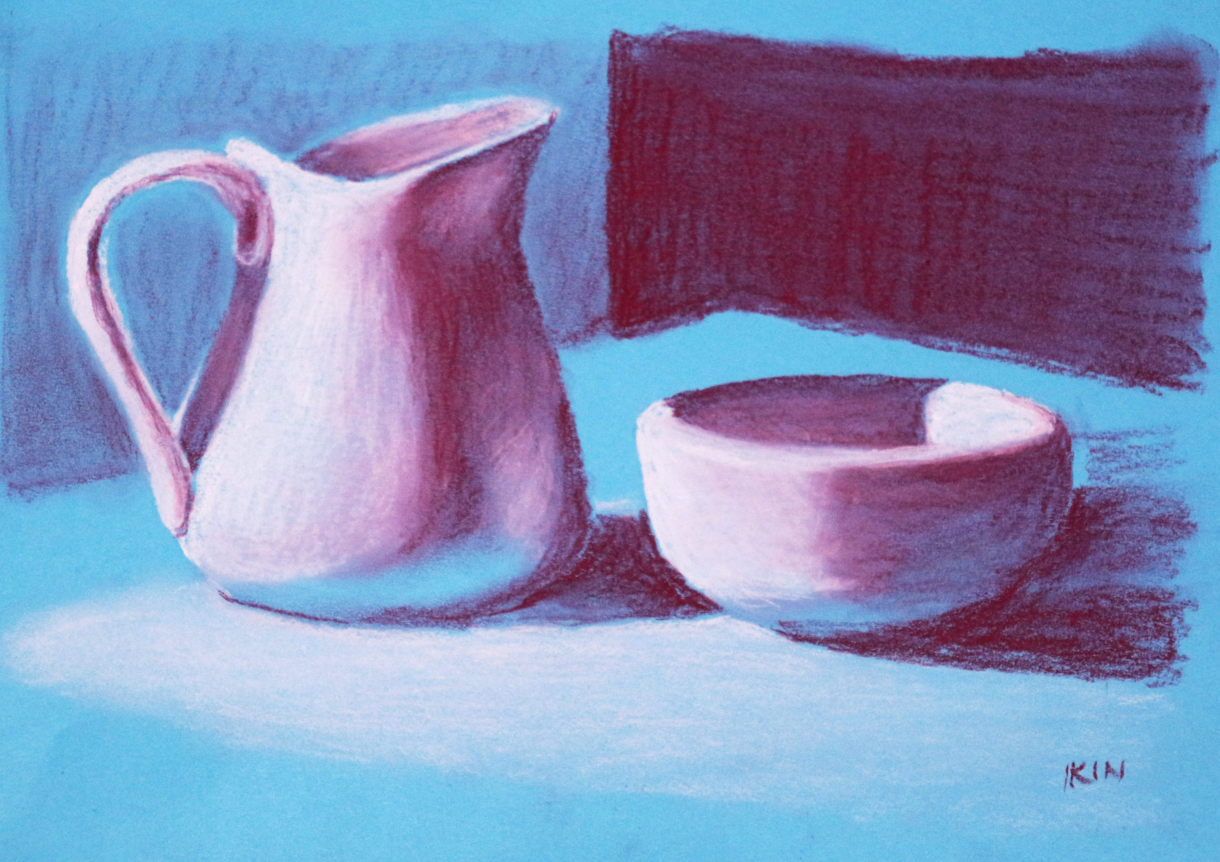 Drawing of a jug and a bowl on blue paper