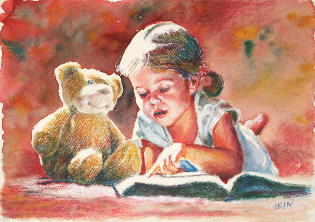 Drawing of a girl reading to her teddy bear