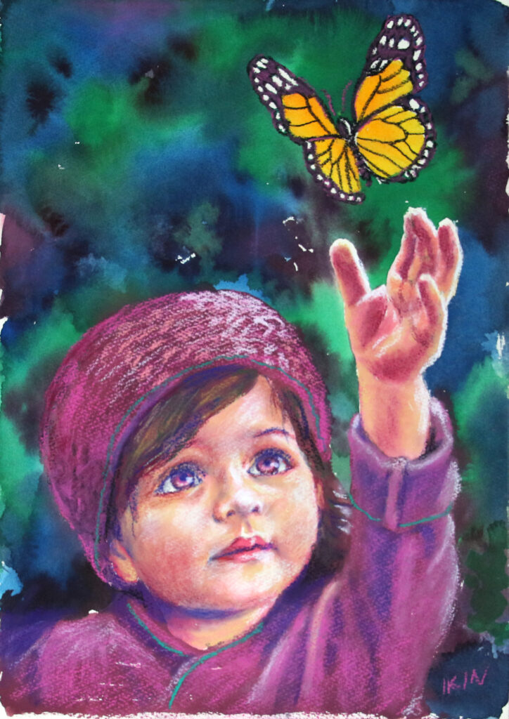 Drawing of a child reaching for a butterfly