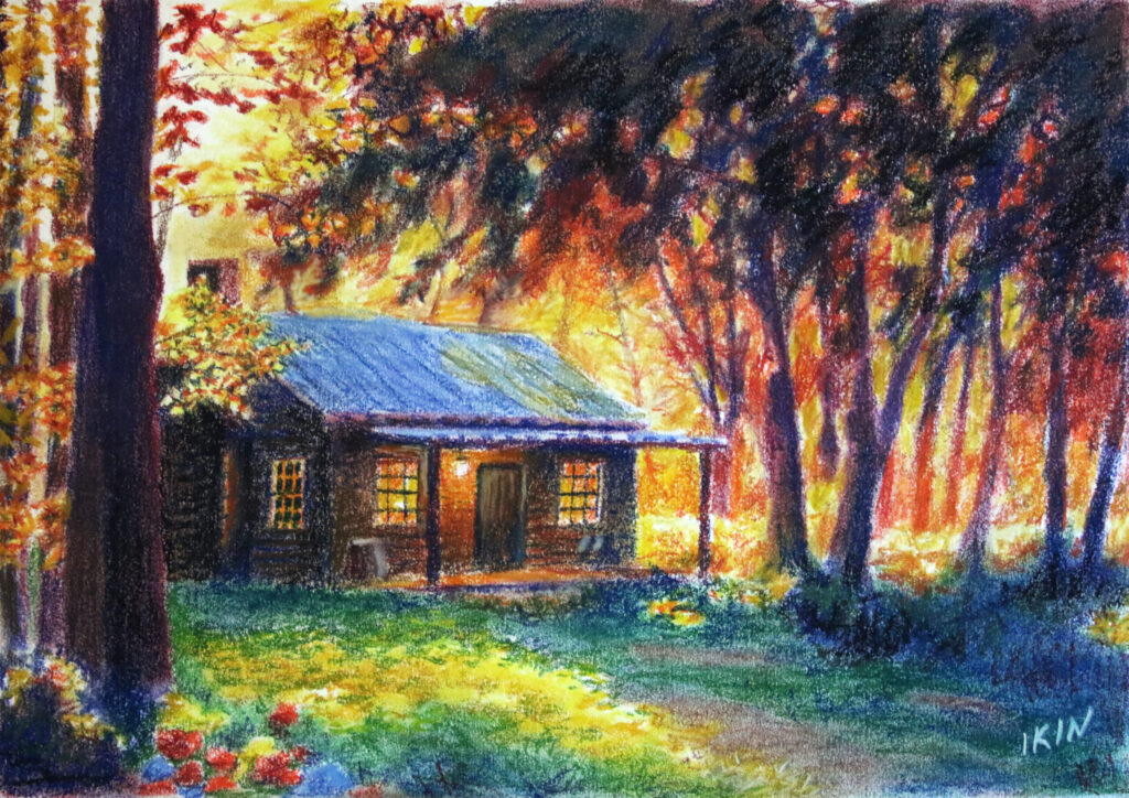 Drawing of a cabin at sunset