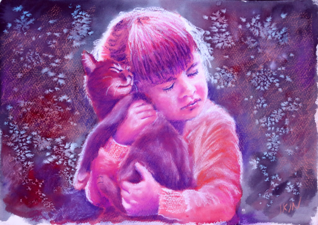 Drawing of a girl hugging her cat