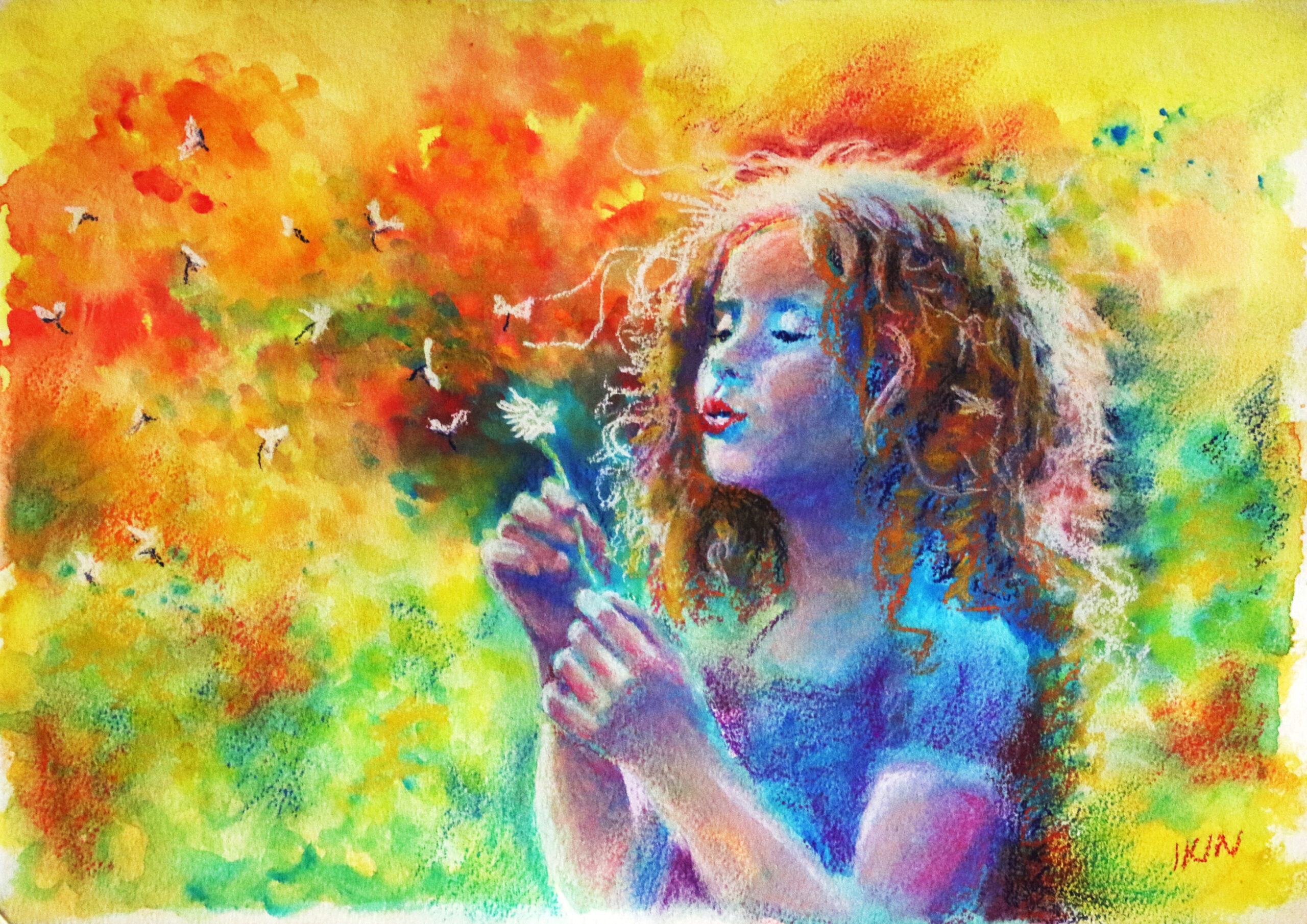 Drawing of a girl making dandelion wishes