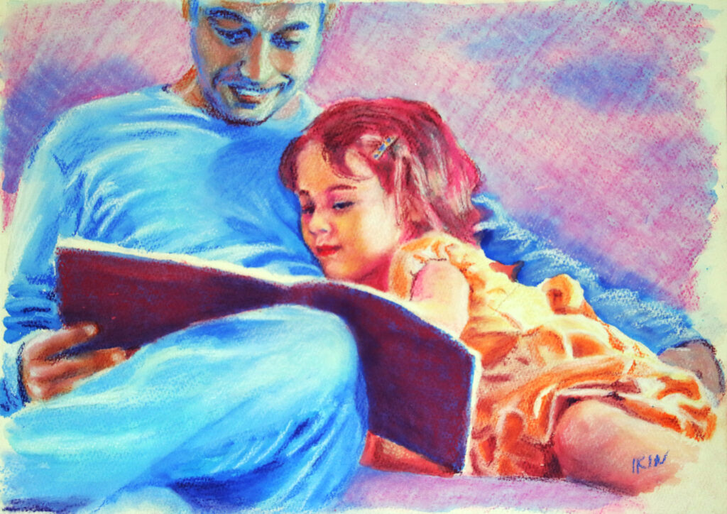 Drawing of a girl listening to her father read