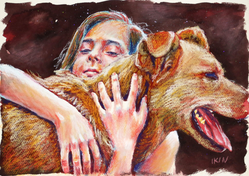 Drawing of a girl hugging a large dog