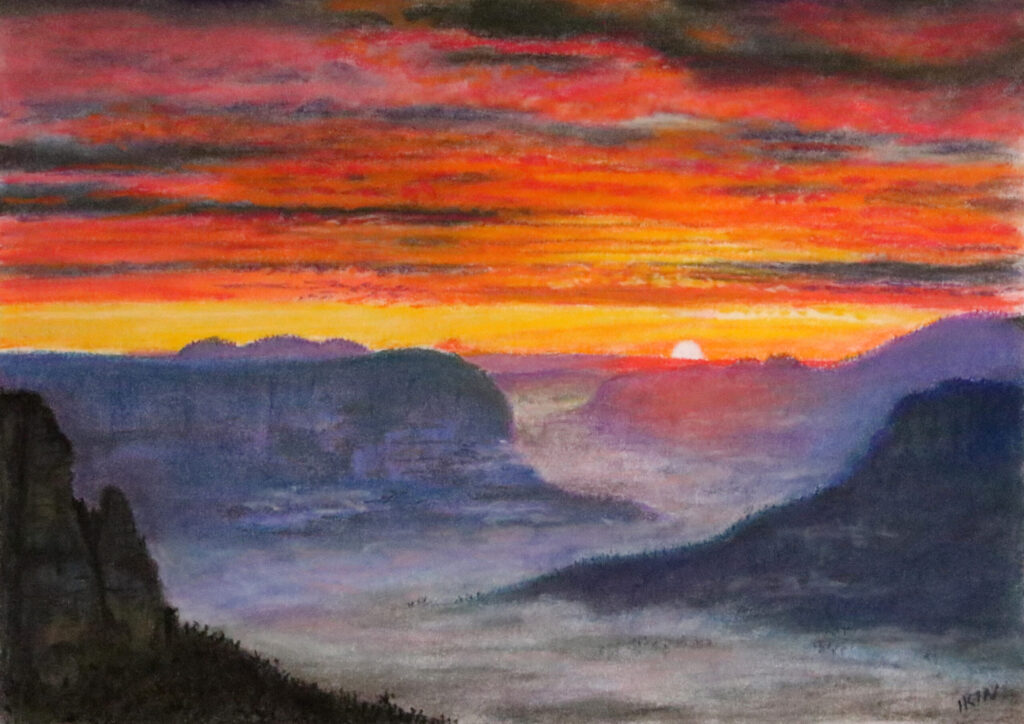 Drawing of sunrise in the mountains