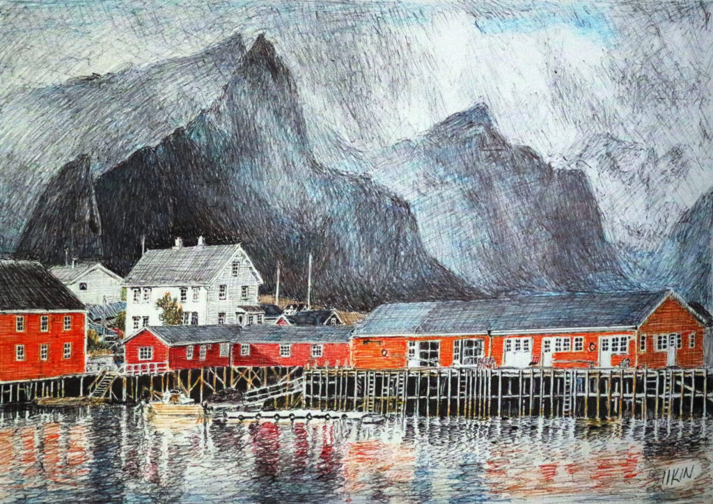 Drawing of a Norwegian village
