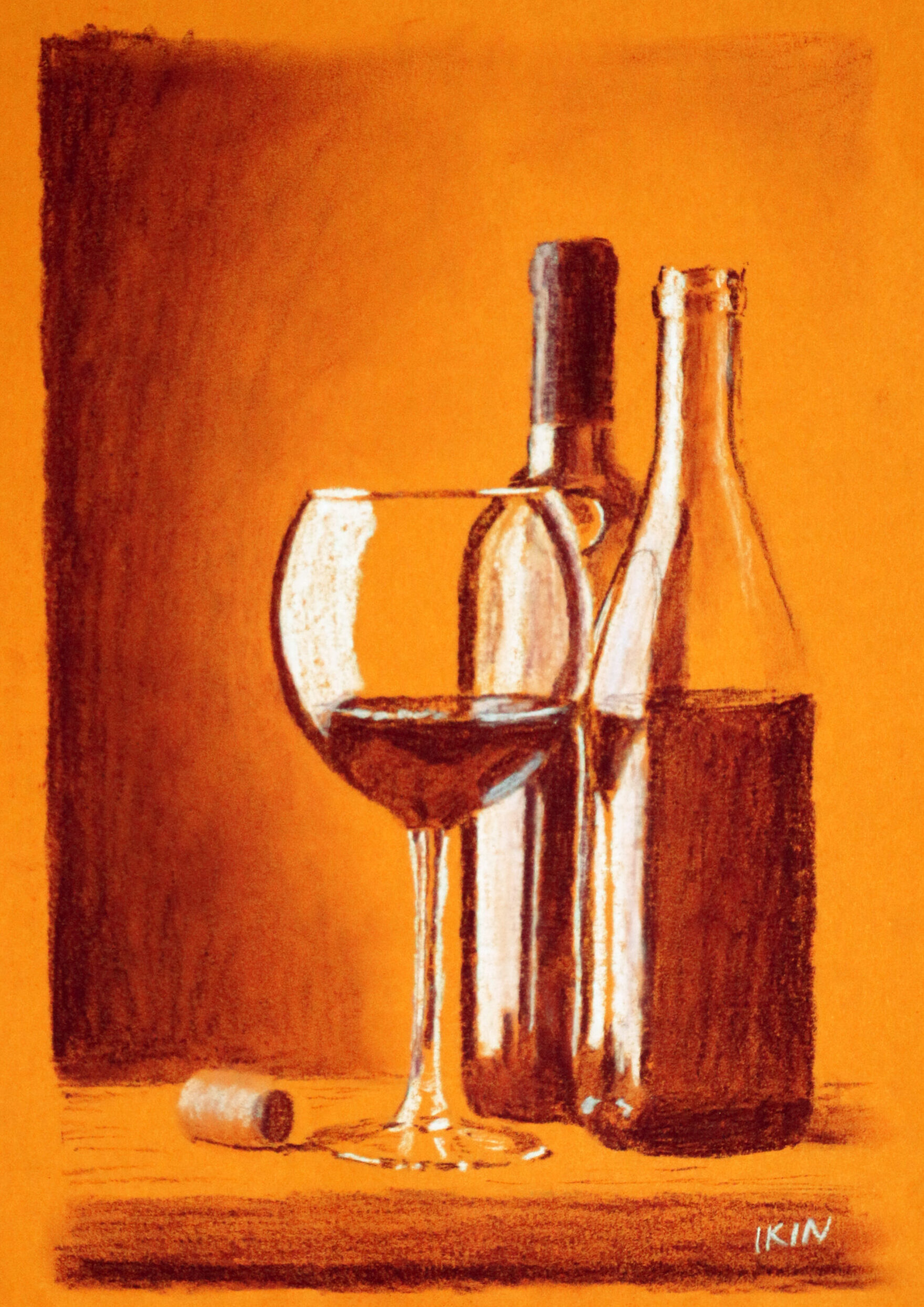 Drawing of a wine glass and bottles on orange paper