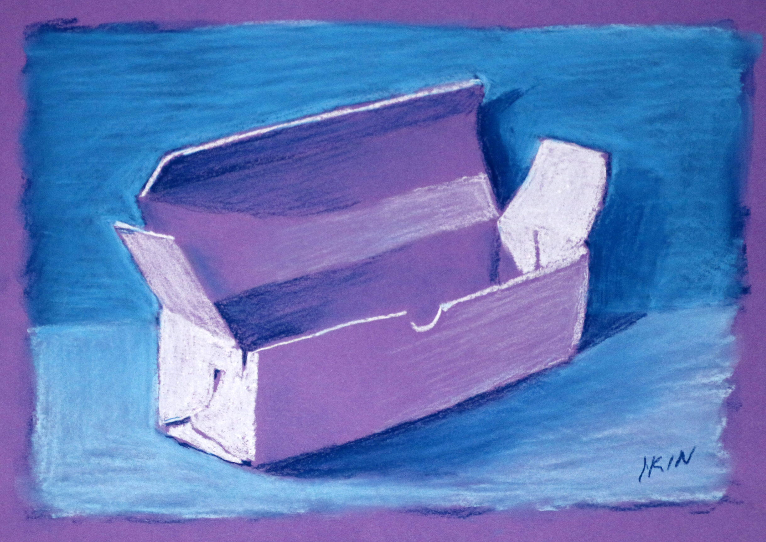 Drawing of a cardboard box on purple paper 