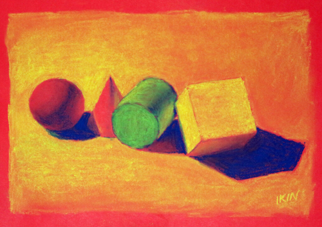 Drawing of geometric shapes on red paper