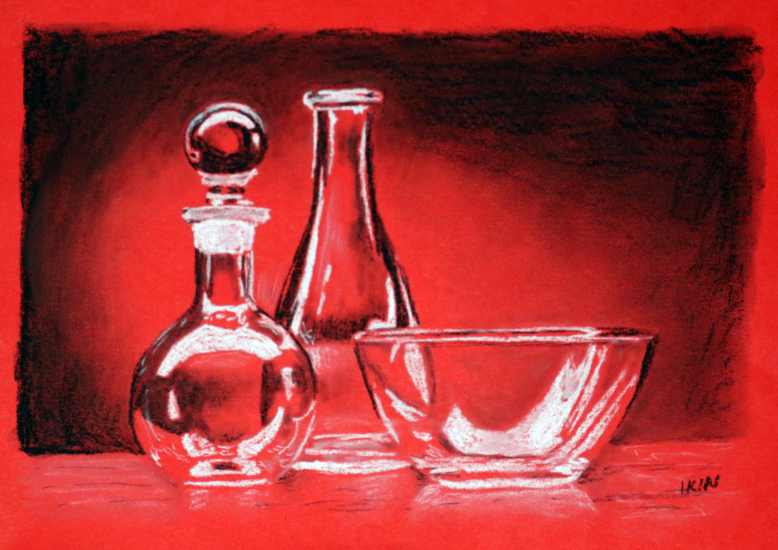 Drawing of glassware on red paper
