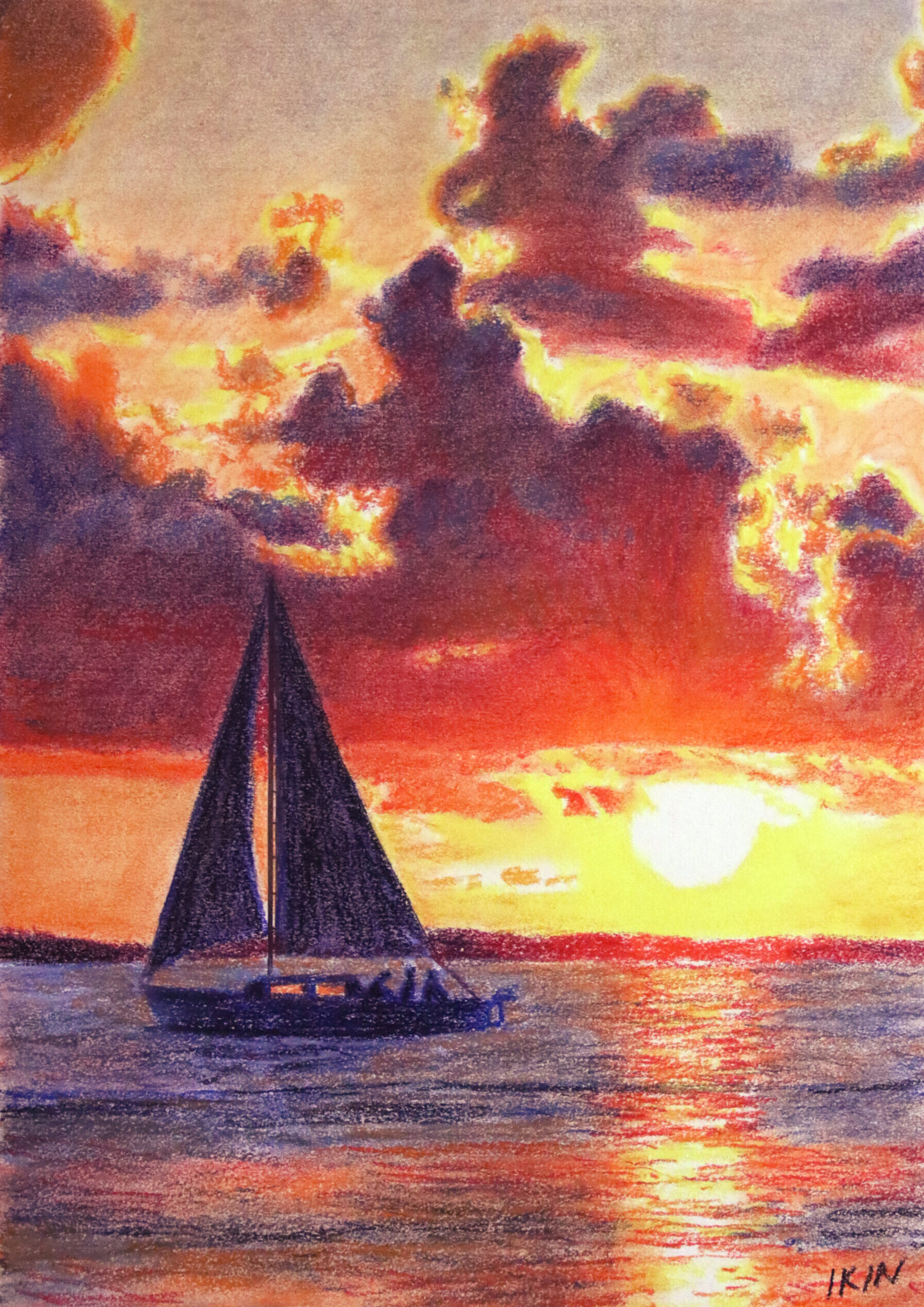 Drawing of a sailboat at sunset