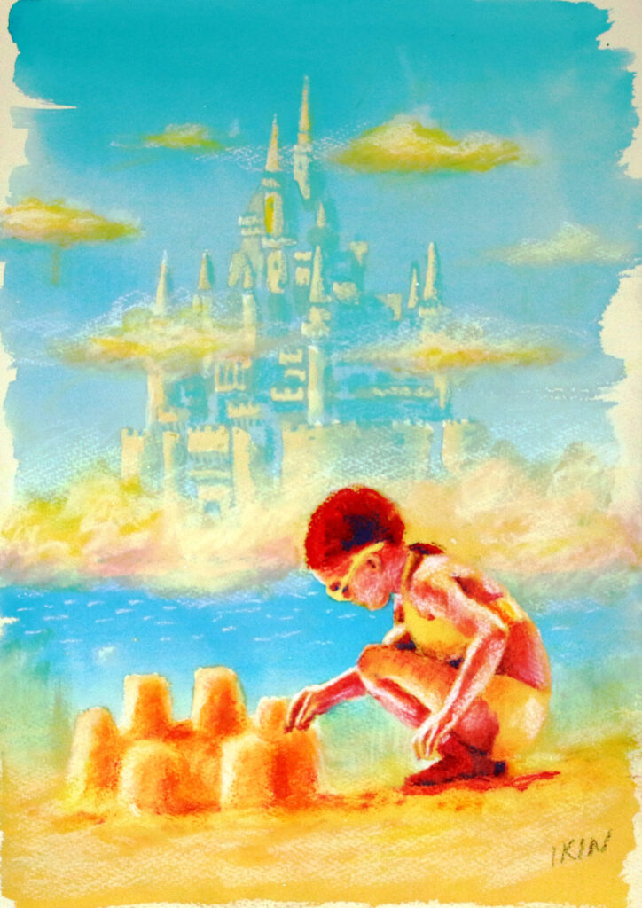 Drawing of a child building a sandcastle