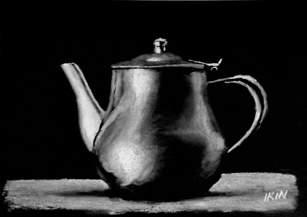 Drawing of a teapot on black paper