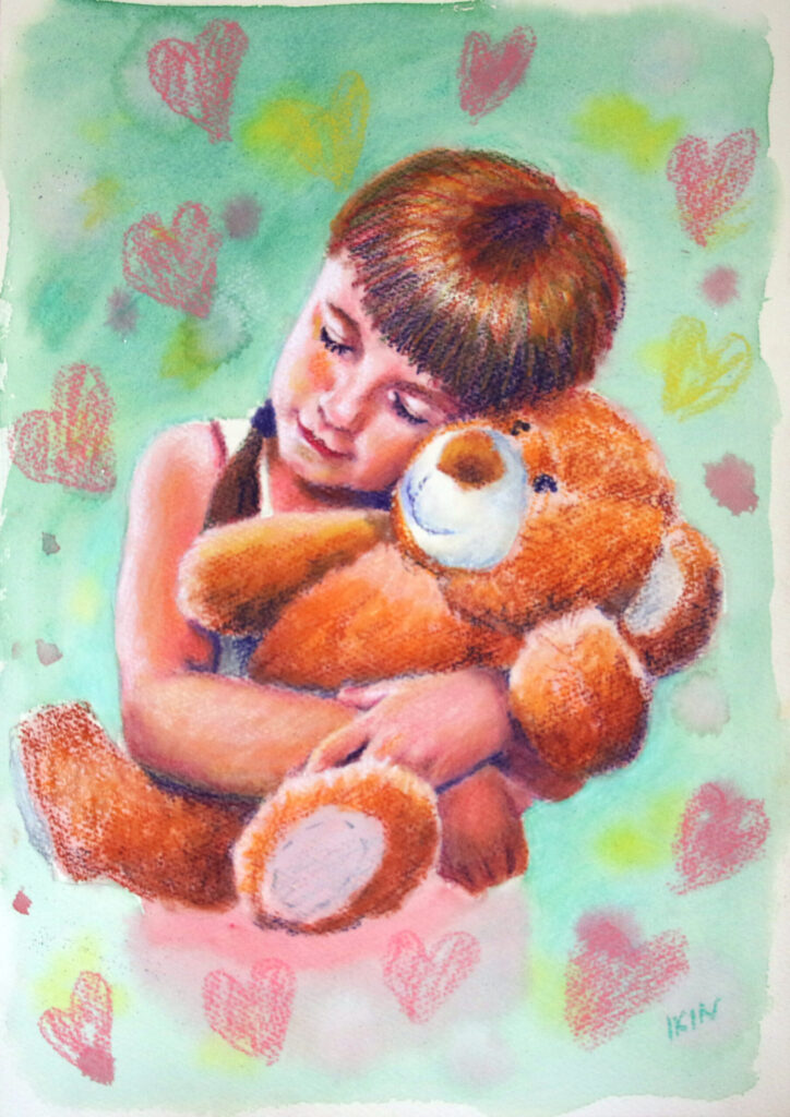 Drawing of a girl lovingly holding her teddy bear